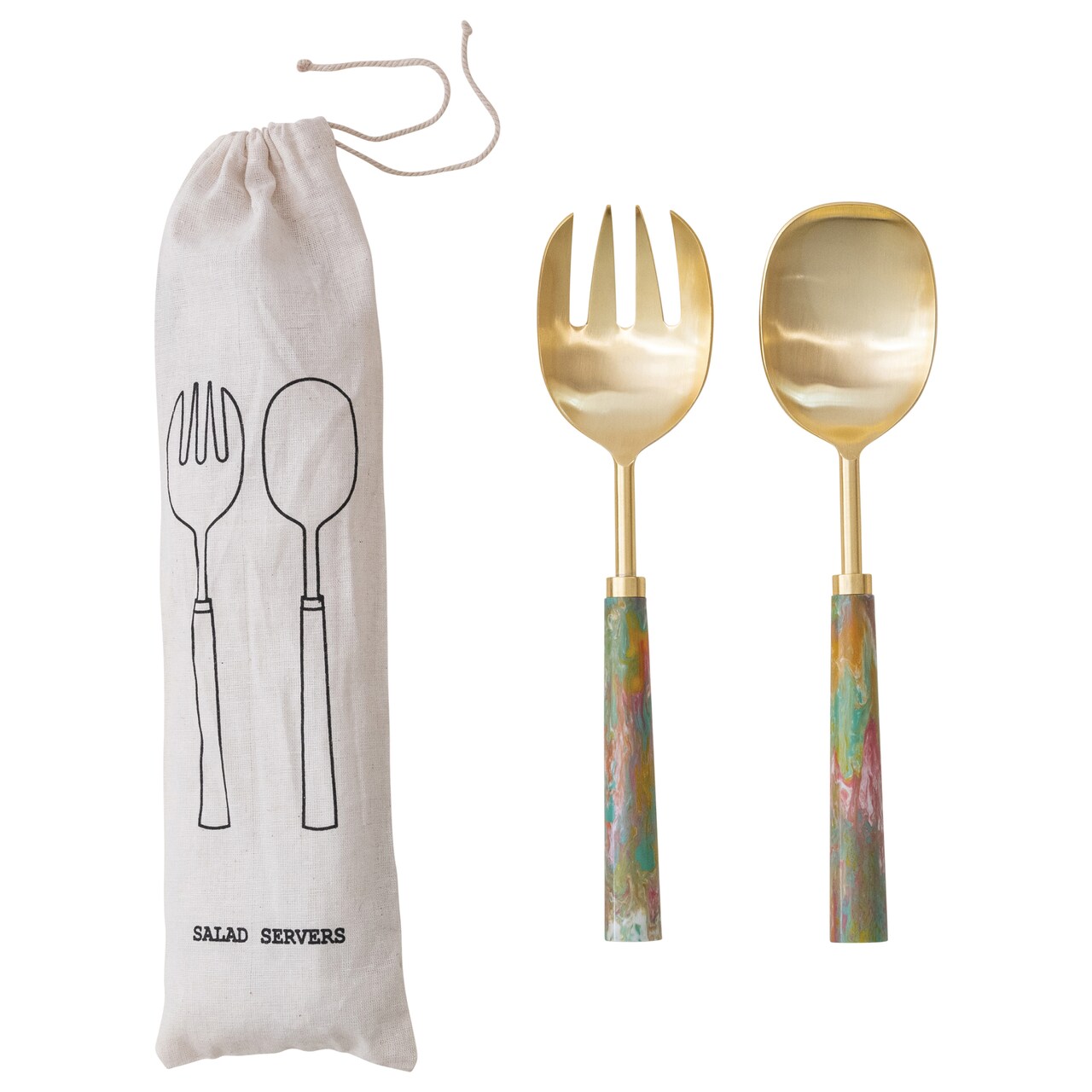 Hello Honey 2-Piece Stainless Steel Salad Servers with Marbled Resin Handles, Gold Finish